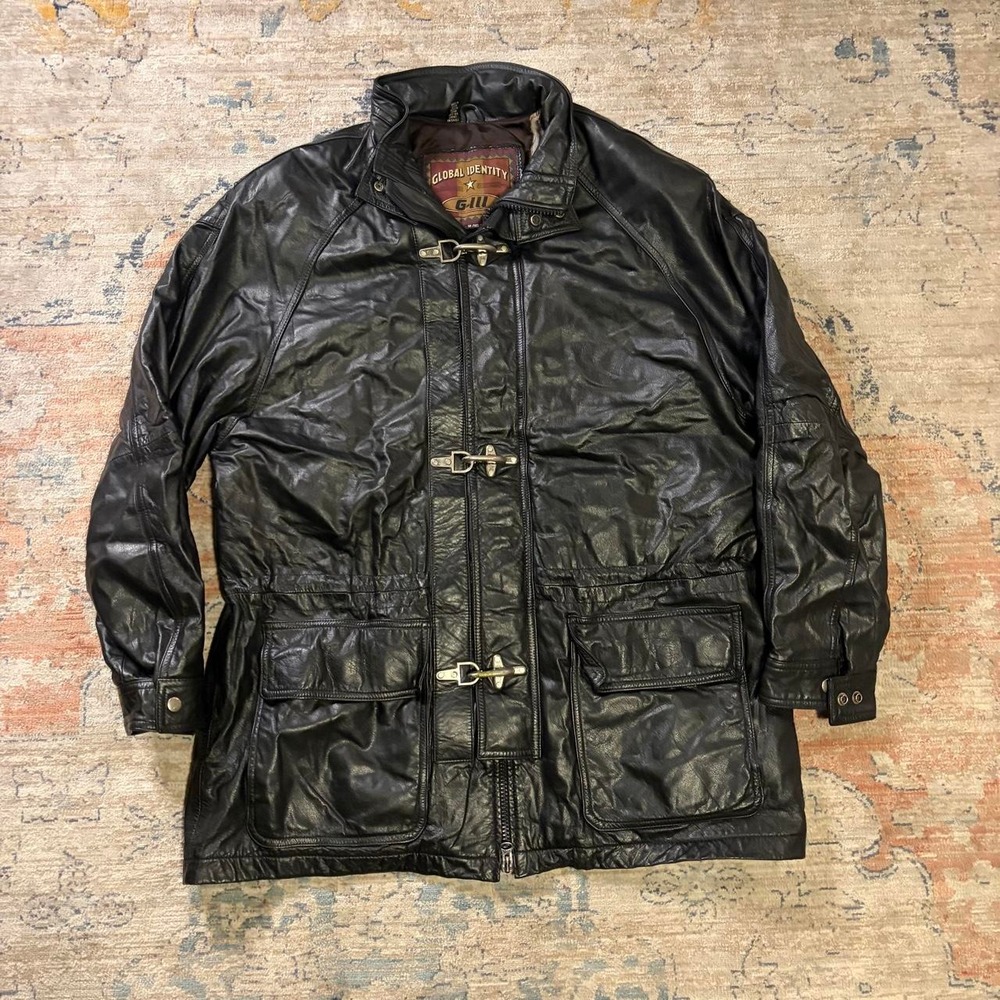 Global Identity G-III Mens Vintage Black Leather Jacket Gold Clasps XL Fair